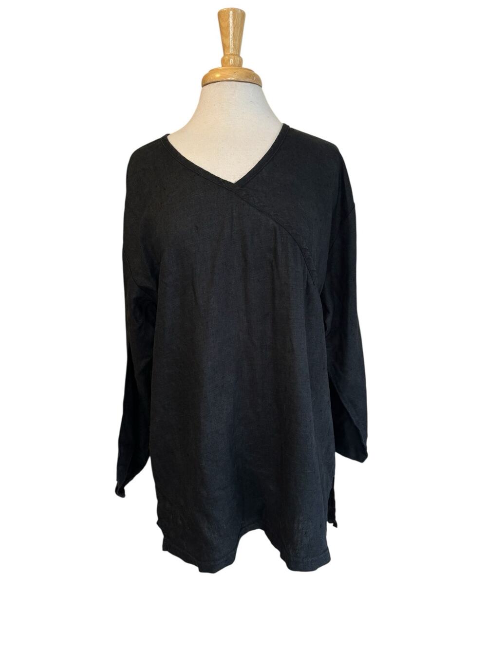 BALI STUDIO COLLECTION 100% Linen Tie Back Tunic Blouse Black Size Large Womens